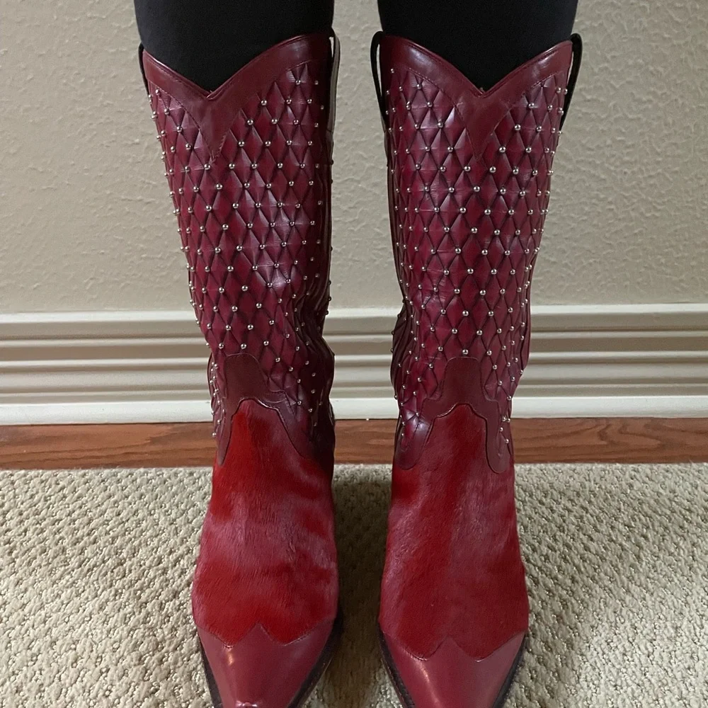 RARE Donald Pliner Ruby Red Hair On Hide Western Boots (8) - Picture 3 of 14